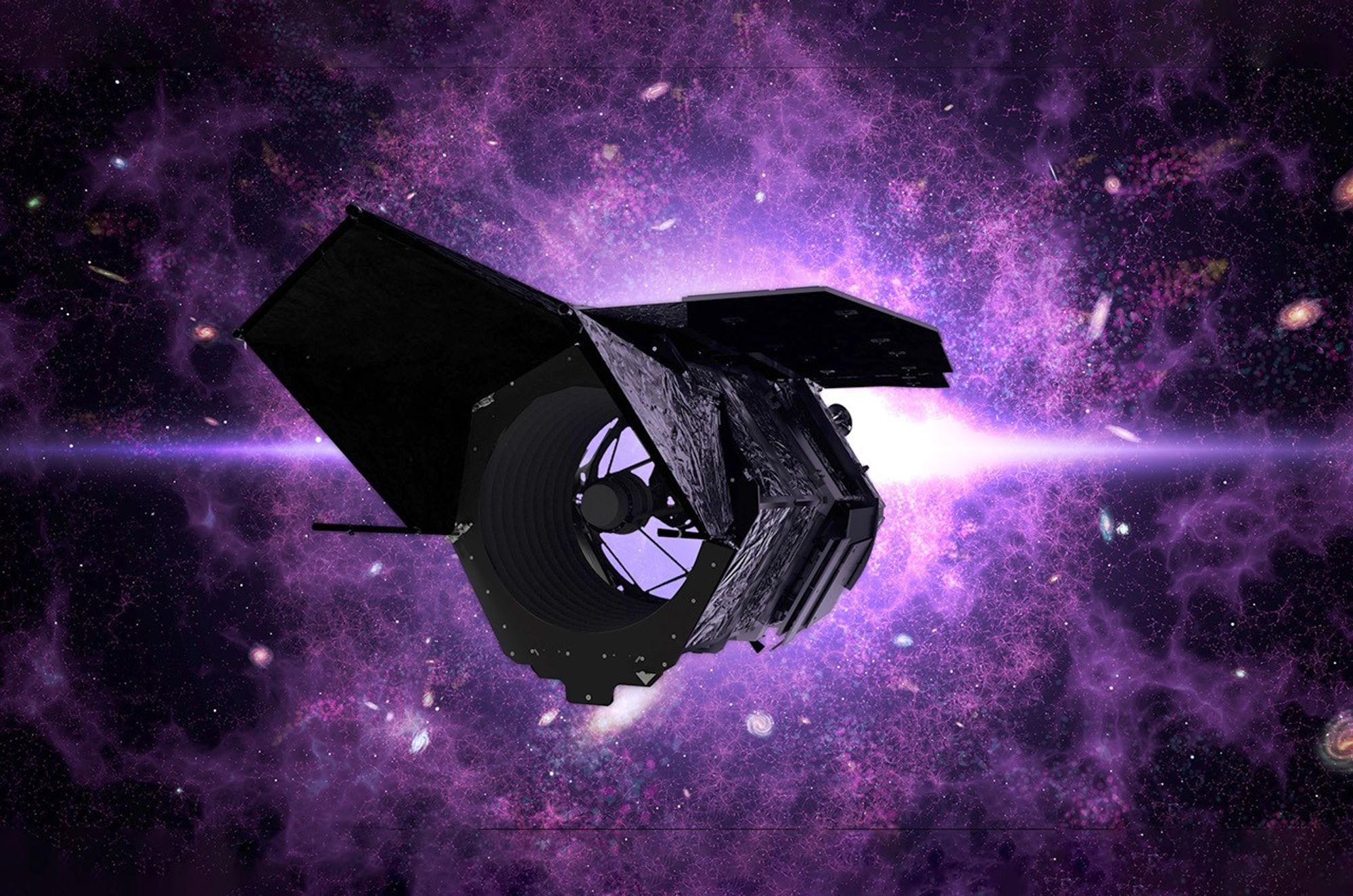 Ilustración del telescopio espacial Nancy Grace Roman en el espacio con sus paneles solares desplegados